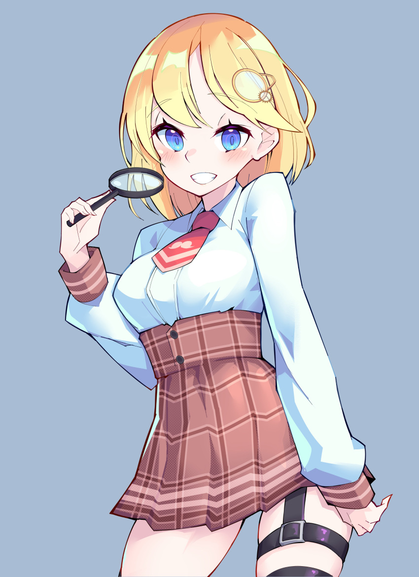 1girl absurdres arm_at_side bangs blonde_hair blue_eyes breasts collared_shirt contrapposto cowboy_shot detective goat_king grey_background grin hair_ornament highres holding_magnifying_glass hololive hololive_english holomyth long_sleeves looking_at_viewer magnifying_glass medium_breasts medium_hair miniskirt monocle_hair_ornament necktie plaid plaid_skirt red_neckwear shirt simple_background skirt smile solo swept_bangs thigh_strap tsurime underbust virtual_youtuber watson_amelia white_shirt wide_hips wing_collar