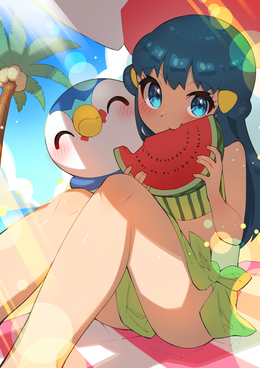 1girl absurdres aqua_hair bangs blue_eyes blush closed_mouth clouds commentary_request hikari_(pokemon) day eating eyelashes gen_4_pokemon green_sarong green_swimsuit hair_ornament hairclip highres knees lens_flare long_hair mouth_hold outdoors palm_tree piplup pokemon pokemon_(anime) pokemon_(creature) pokemon_dppt_(anime) sarong shiny shiny_skin sitting sky smile swimsuit taisa_(lovemokunae) tree watermelon_slice