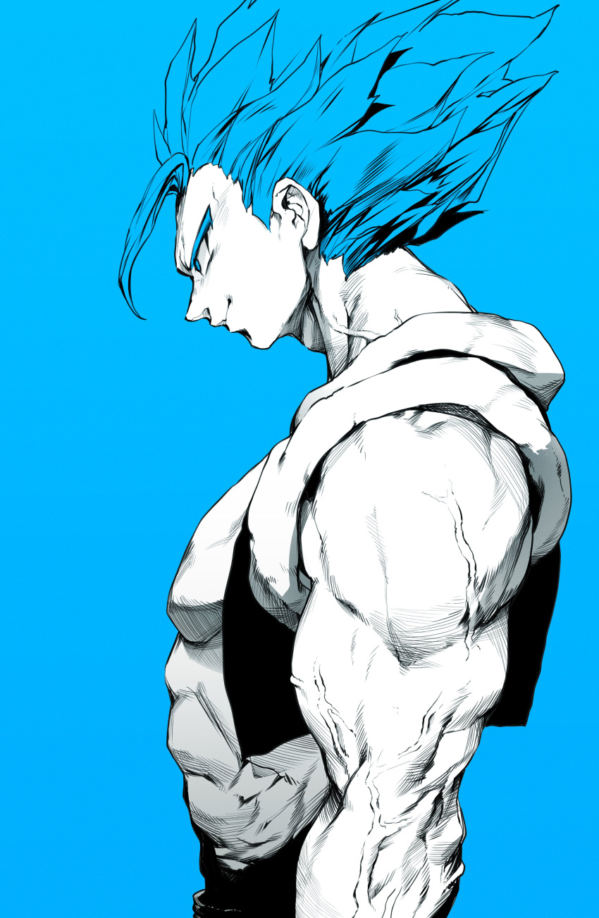 1boy absurdres ahoge blue_background blue_eyes blue_hair blue_theme closed_mouth dragon_ball dragon_ball_super dragon_ball_super_broly gogeta grin highres male_focus muscular muscular_male niwarhythm open_clothes open_vest pectorals portrait profile sanpaku simple_background smile smug solo veins veiny_arms vest