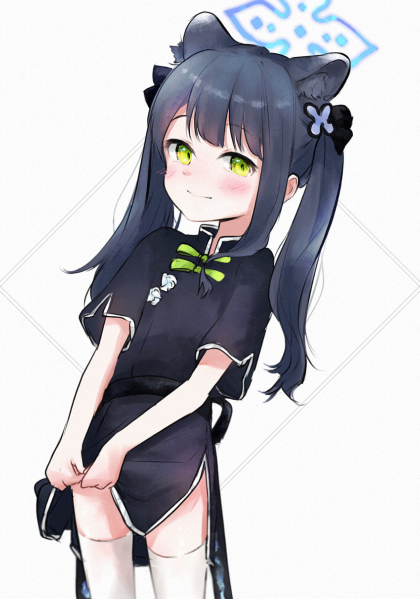 1girl animal_ear_fluff animal_ears bangs black_dress black_hair blue_archive blunt_bangs blush china_dress chinese_clothes ckwl123 dress green_eyes highres long_hair looking_at_viewer short_sleeves shun_(blue_archive) smile solo thigh-highs thighs tiger_ears tiger_girl twintails white_legwear