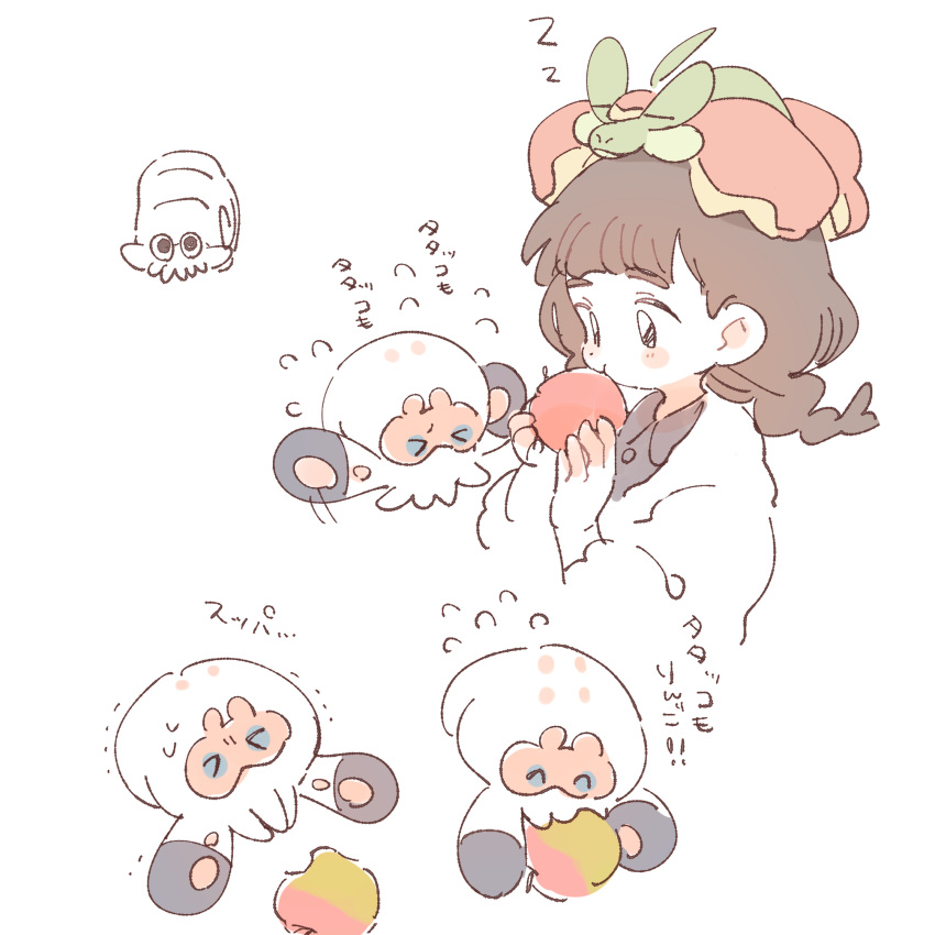 &gt;_&lt; 1girl alternate_hairstyle apple bangs blush_stickers brown_hair buttons clobbopus closed_eyes collared_dress commentary_request eating flapple flying_sweatdrops food fruit gen_1_pokemon gen_8_pokemon gloria_(pokemon) hands_up highres holding holding_food holding_fruit jacket long_hair nodori710 omanyte on_head partially_colored pokemon pokemon_(creature) pokemon_(game) pokemon_on_head pokemon_swsh sleeping trembling white_jacket zzz