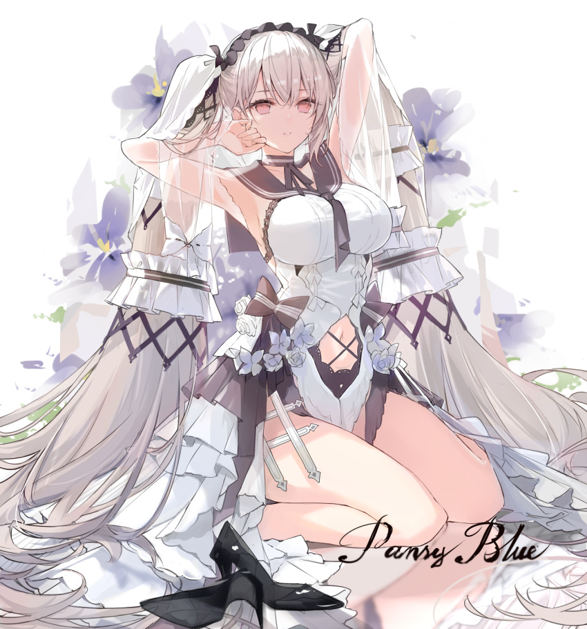 1girl armpits arms_up azur_lane bangs bare_legs black_choker black_sailor_collar breasts choker clothing_cutout dress english_text eyebrows_visible_through_hair flower formidable_(timeless_classics)_(azur_lane) frilled_dress frills fukuda935 hairband hands_in_hair highres large_breasts lolita_hairband long_hair looking_at_viewer navel navel_cutout pansy parted_lips purple_flower red_eyes reflection reflective_floor sailor_collar silver_hair sitting solo twintails very_long_hair waist_cape wariza white_dress