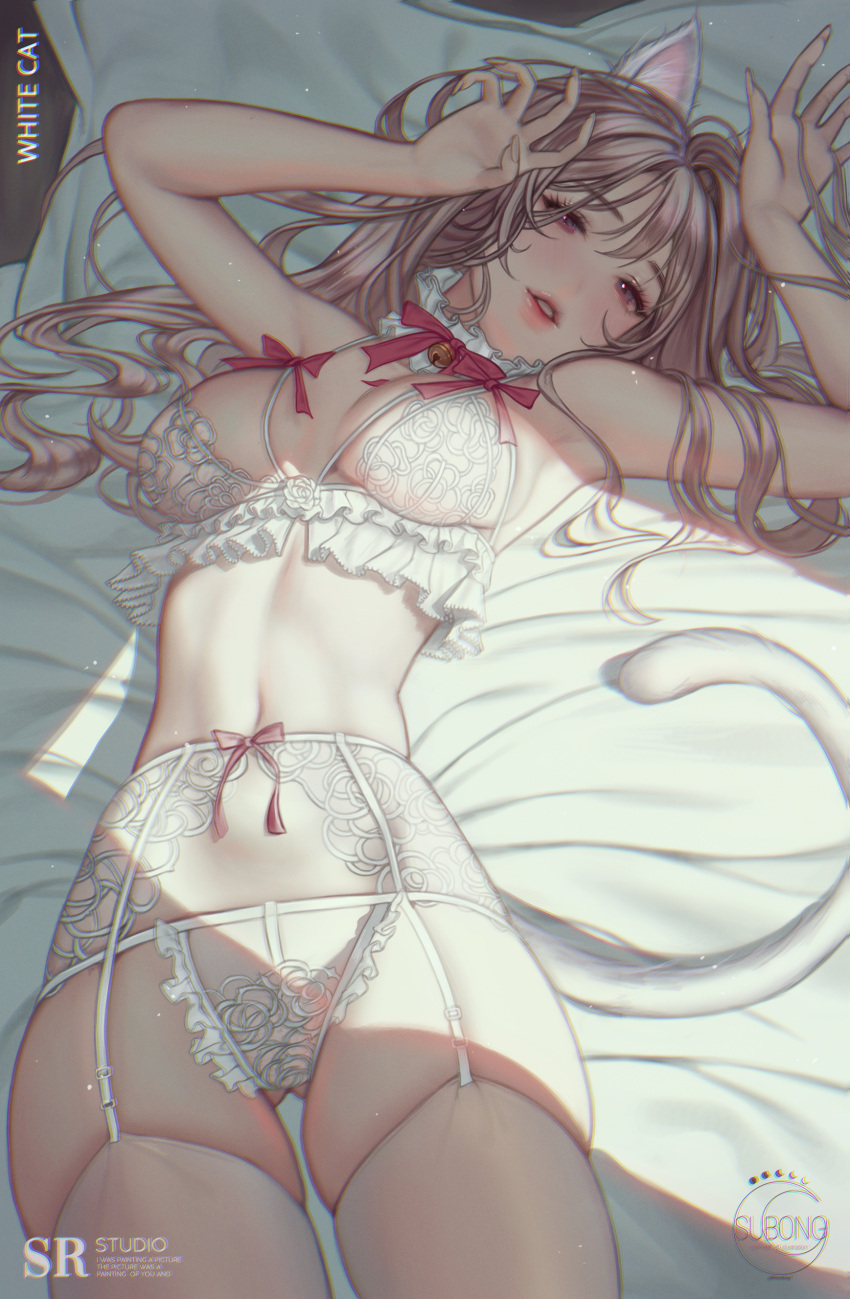 absurdres animal_ears breasts cat_ears cat_girl cat_tail garter_belt garter_straps garters hand_to_head highres lingerie lips lying navel on_back original skindentation smile subong tail thick_thighs thigh-highs thighs underwear white_hair white_legwear