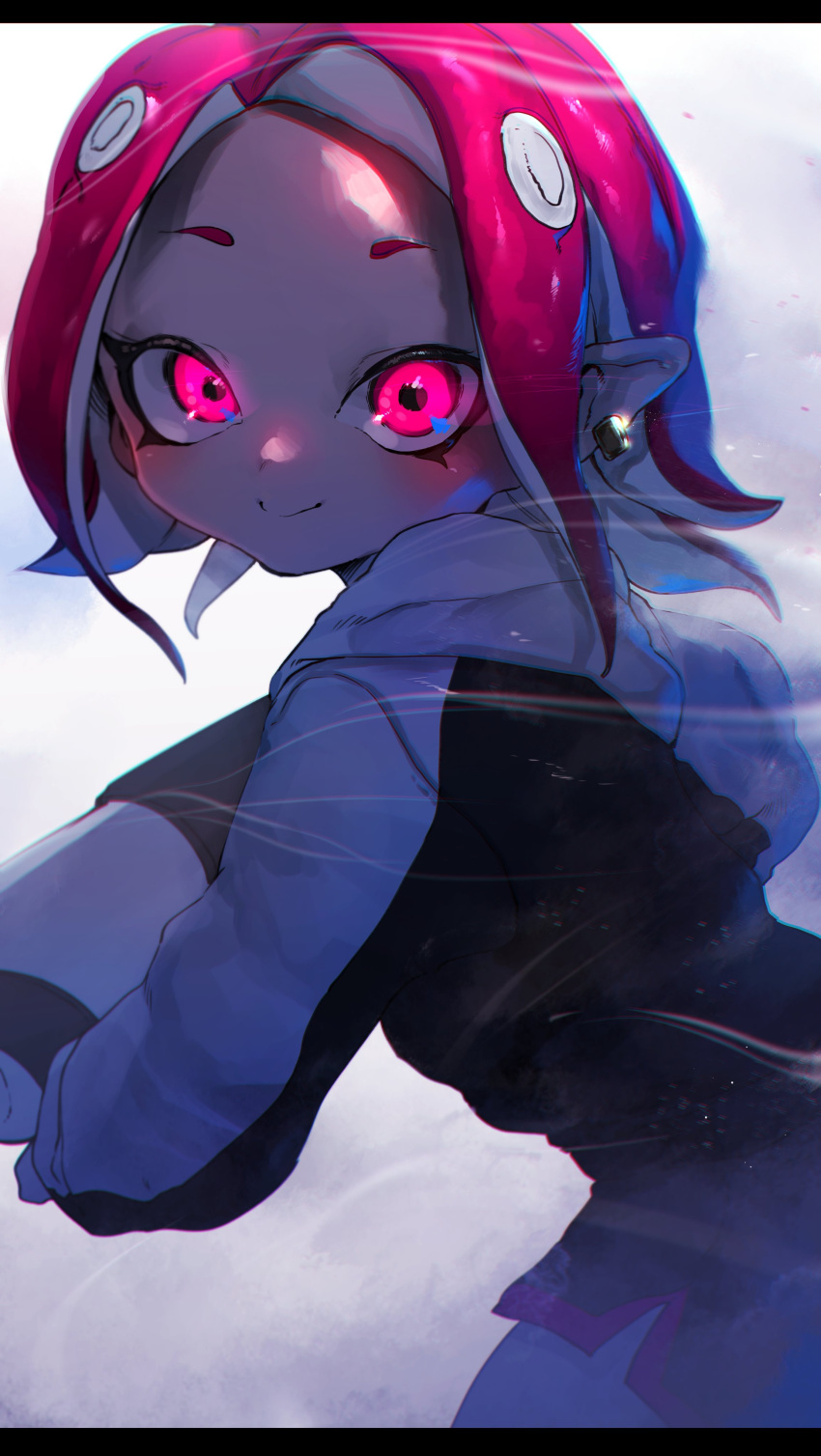 1girl absurdres blush closed_mouth earrings from_side highres jewelry long_sleeves looking_at_viewer looking_to_the_side medium_hair niwarhythm octoling pink_eyes pointy_ears redhead sanpaku smile solo splatoon_(series) tentacle_hair white_background