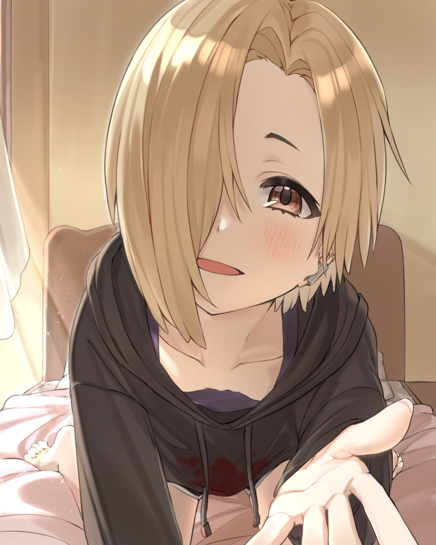 1girl :d applepie_(12711019) bangs barefoot black_hoodie blonde_hair brown_eyes collarbone commentary curtains day downblouse drawstring ear_clip foreshortening hair_over_one_eye head_tilt highres hood hood_down hoodie idolmaster idolmaster_cinderella_girls indoors long_sleeves looking_at_viewer on_bed open_mouth reaching_out shirasaka_koume short_hair smile solo