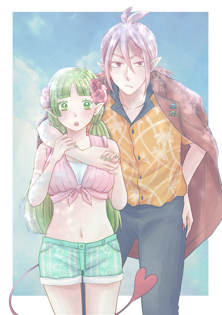 1boy 1girl arm_over_shoulder asmodeus_alice demon_horns demon_tail fang flower front-tie_top green_eyes green_hair green_nails hachicoro93 hair_flower hair_ornament hawaiian_shirt heart heart_tail highres horns jacket jacket_on_shoulders looking_at_viewer mairimashita!_iruma-kun pink_eyes pink_hair pointy_ears sharp_teeth shirt short_shorts shorts tail teeth valac_clara