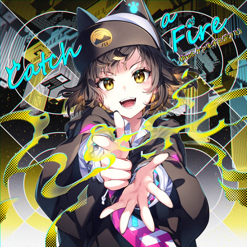 1girl :d album_cover animal_ears animal_hat bangs baseball_cap black_hair black_hoodie cat_ears cat_hat cityscape commentary cover denonbu eyebrows_visible_through_hair fake_animal_ears hat highres hood hood_down hoodie kurogane_tama long_sleeves looking_at_viewer nardack open_mouth outstretched_arms shirt short_hair smile solo upper_body white_shirt yellow_eyes