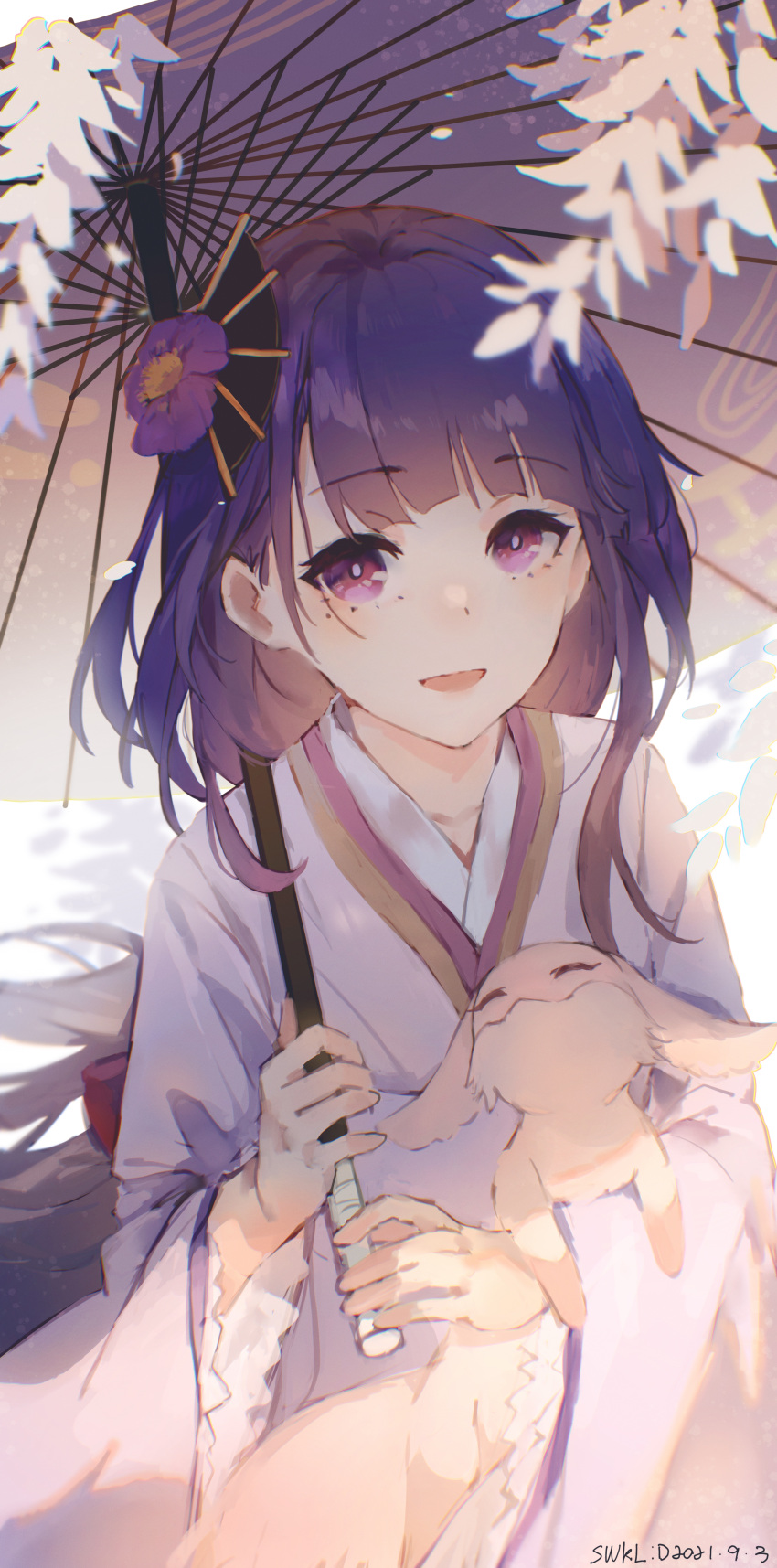 1girl :d absurdres animal bangs commentary_request dated eyebrows_visible_through_hair flower fox genshin_impact hair_flower hair_ornament highres holding holding_umbrella japanese_clothes kimono long_hair long_sleeves looking_at_viewer oil-paper_umbrella open_mouth purple_flower purple_hair purple_kimono purple_umbrella raiden_shogun signature smile solo swkl:d umbrella very_long_hair violet_eyes wide_sleeves