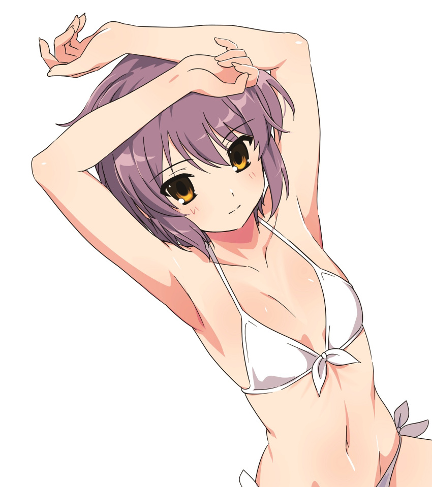 1girl arms_up bangs bikini breasts closed_mouth collarbone commentary_request dutch_angle eyebrows_visible_through_hair groin highres hotaru_iori ichimi_renge light_blush looking_at_viewer nagato_yuki navel purple_hair second-party_source simple_background small_breasts solo suzumiya_haruhi_no_yuuutsu swimsuit white_background white_bikini yellow_eyes