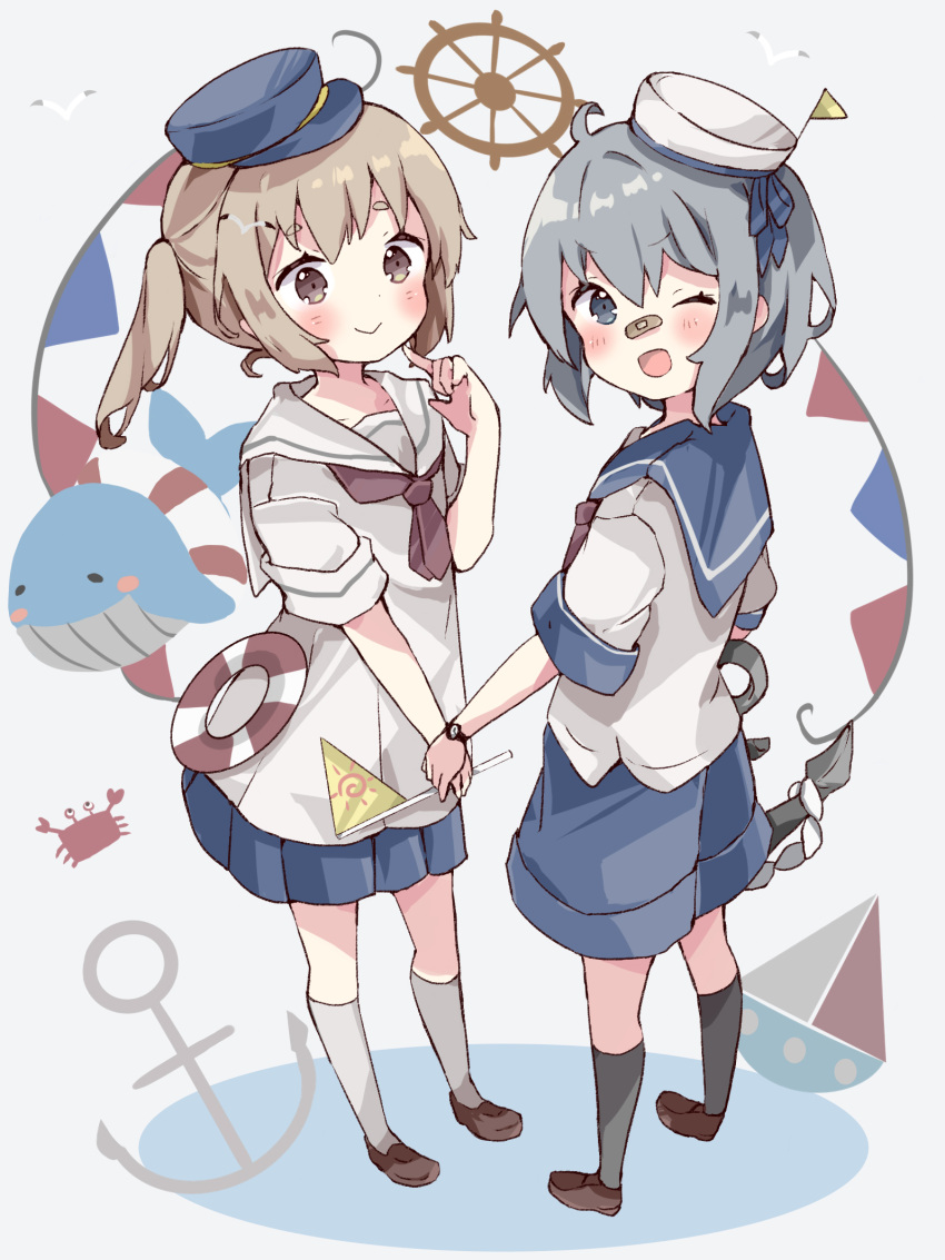 2girls ;d anchor bandaid bandaid_on_nose bangs blue_headwear blue_sailor_collar blue_shorts blue_skirt blush brown_eyes brown_hair brown_neckwear commentary eyebrows_visible_through_hair grey_background grey_eyes grey_hair hair_between_eyes hat highres holding looking_at_viewer looking_to_the_side multiple_girls neckerchief one_eye_closed open_mouth original peaked_cap pleated_skirt sailor_collar sailor_hat ship's_wheel shirt short_eyebrows short_shorts shorts skirt smile standing symbol-only_commentary thick_eyebrows tsukiyo_(skymint) twintails watch watch white_headwear white_sailor_collar white_shirt