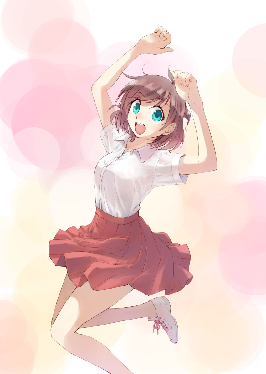 1girl arms_up bangs blue_eyes brown_hair commentary_request dress_shirt eyebrows_visible_through_hair high-waist_skirt highres ikeda_jun_(mizutamari) leg_up looking_at_viewer miniskirt multicolored multicolored_background no_socks open_mouth original pleated_skirt red_skirt redrawn shirt shoes short_hair short_sleeves skirt smile sneakers solo standing straight-laced_footwear white_footwear white_shirt wing_collar