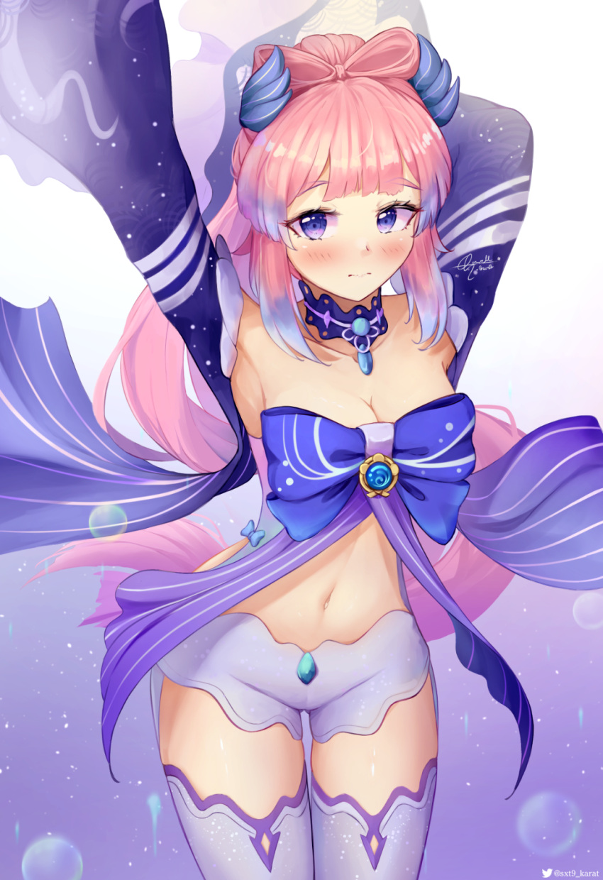 1girl arm_behind_head arm_up armpits blush bow breasts bubble collarbone d.birb detached_sleeves frilled_legwear gem genshin_impact hair_ornament highres legs long_hair long_sleeves midriff multicolored_hair navel parted_lips pink_hair purple_bow purple_hair sangonomiya_kokomi short_shorts shorts sidelocks signature simple_background sky solo star_(sky) starry_sky streaked_hair striped striped_bow striped_sleeves thigh-highs thighs tied_hair two-tone_background two-tone_hair violet_eyes