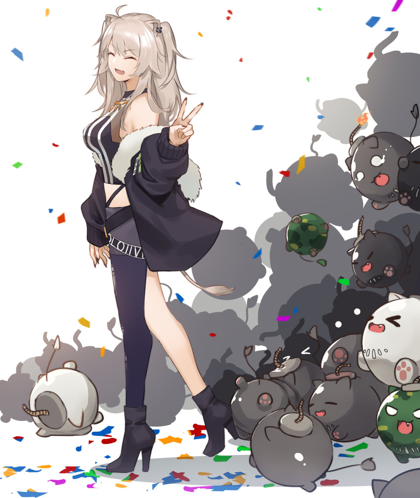 &gt;o&lt; 1girl absurdres ahoge animal_ears birthday black_footwear black_jacket black_legwear black_nails black_shirt boots breasts closed_eyes commentary confetti ear_piercing eyebrows_visible_through_hair fang full_body fur-trimmed_jacket fur_trim fuse grey_skirt high_heel_boots high_heels highres hololive ina_(inadiary) jacket jewelry lion_ears lion_girl lion_tail lit_fuse long_hair looking_at_viewer medium_breasts miniskirt nail_polish necklace off_shoulder open_clothes open_jacket open_mouth piercing shirt shishiro_botan silver_hair simple_background single_thighhigh skirt sleeveless sleeveless_shirt smile solo ssrb striped striped_shirt symbol-only_commentary tail thigh-highs torn_clothes torn_legwear v vertical-striped_shirt vertical_stripes virtual_youtuber walking white_background
