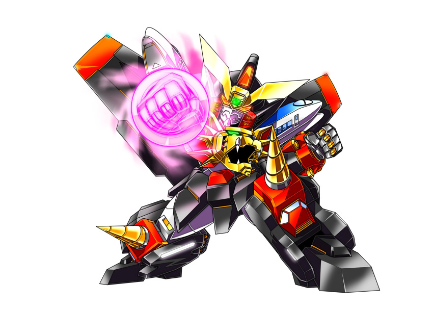 chibi clenched_hands commission gaogaigar glowing glowing_eyes glowing_hand heyzan highres mecha mechanical_wings no_humans orange_eyes solo super_robot v-fin white_background wings yuusha_ou_gaogaigar yuusha_series
