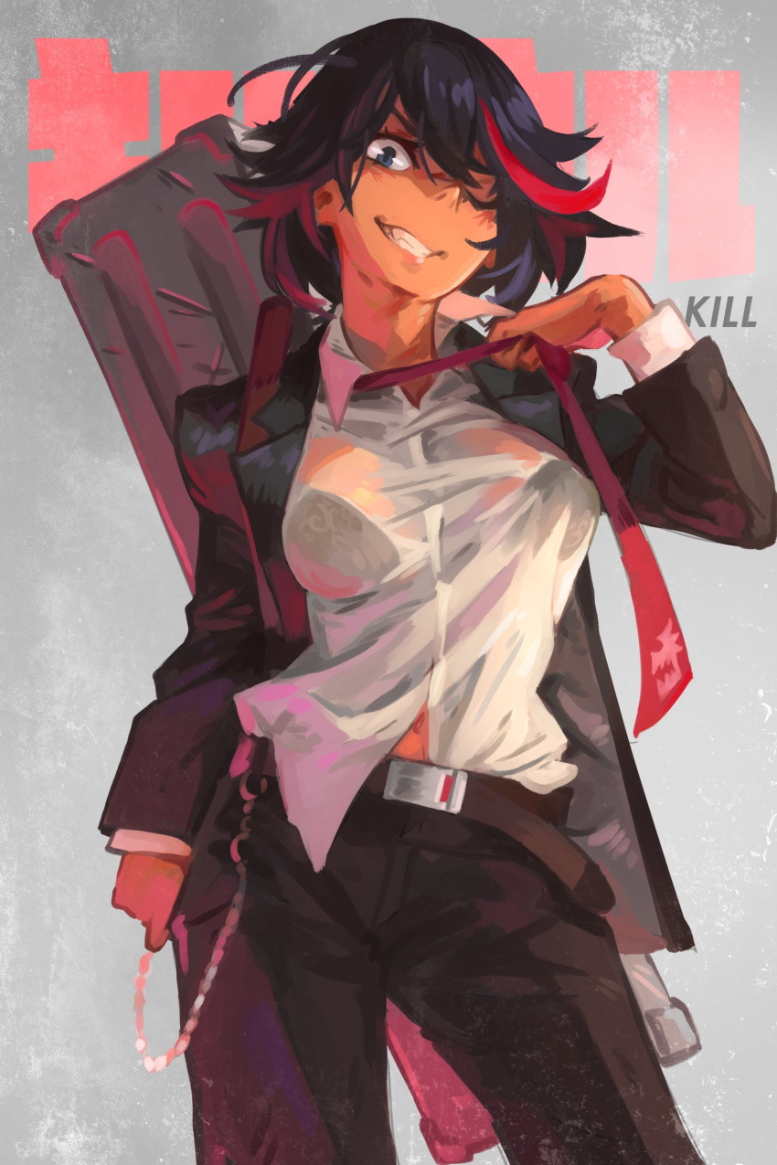 1girl absurdres alternate_costume belt black_bra black_hair black_jacket black_pants bra bra_through_clothes breasts grin hair_over_one_eye highres jacket khyleri kill_la_kill looking_at_viewer loose_necktie matoi_ryuuko medium_breasts multicolored_hair navel necktie one_eye_closed pants red_neckwear redhead shirt short_hair smile solo streaked_hair underwear weapon_case white_shirt