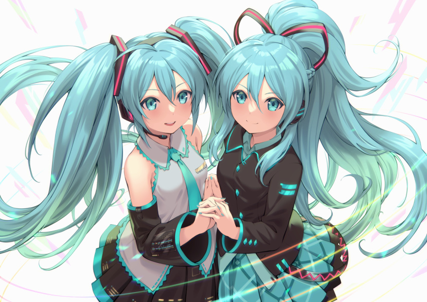 2girls amerika_juu_pan aqua_eyes aqua_hair aqua_nails aqua_neckwear aqua_skirt bare_shoulders black_shirt black_skirt black_sleeves commentary_request detached_sleeves dual_persona from_above grey_shirt hair_ornament hair_ribbon hatsune_miku hatsune_miku_(if) headphones headset holding_hands long_hair looking_at_viewer miniskirt multiple_girls nail_polish necktie open_mouth plaid plaid_skirt pleated_skirt ponytail ribbon shirt skirt sleeveless sleeveless_shirt smile striped striped_ribbon twintails upper_body upper_teeth very_long_hair vocaloid white_background