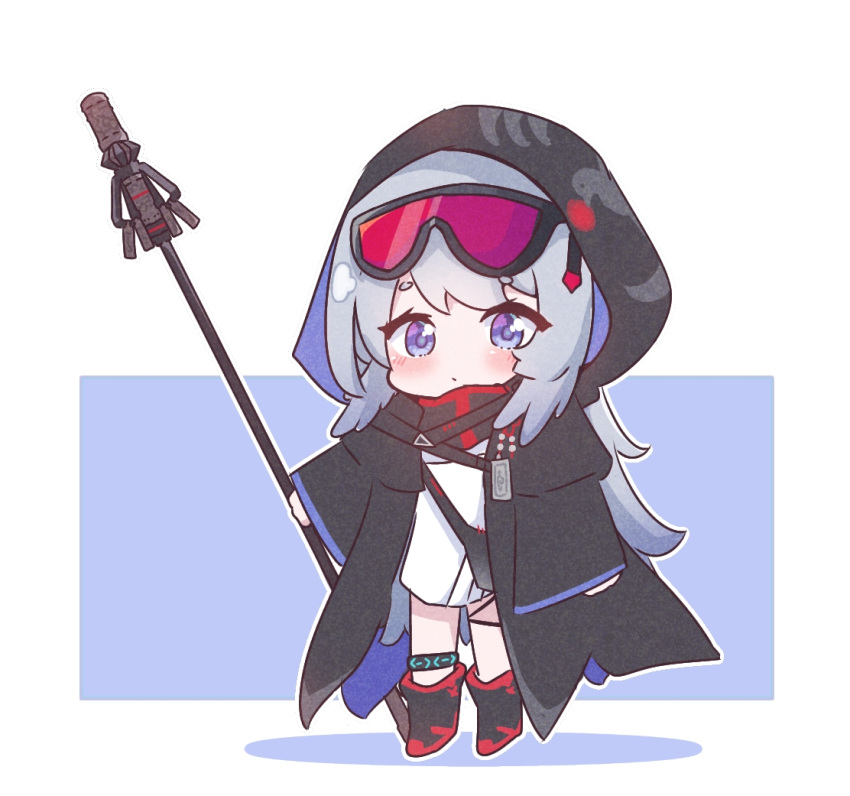 1girl ankleband arknights black_cloak black_footwear blue_background blue_eyes blush boots cloak eyebrows_visible_through_hair full_body goggles goggles_on_head grey_hair holding holding_staff hood hood_up hooded_cloak kurotofu looking_at_viewer mulberry_(arknights) shirt simple_background solo staff thick_eyebrows two-tone_background white_background white_shirt