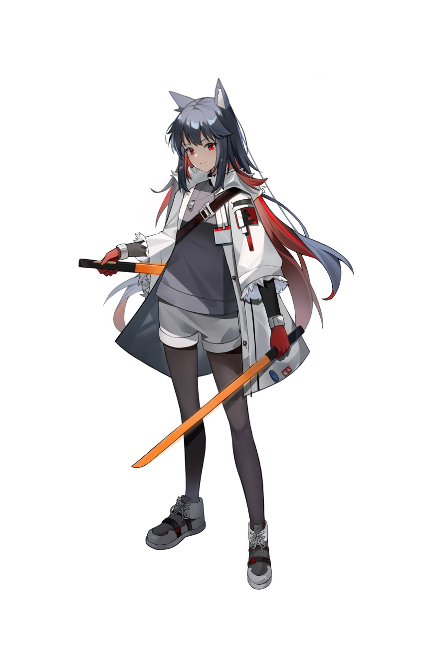 1girl absurdres animal_ear_fluff animal_ears arknights bangs black_hair black_legwear brown_eyes chinese_commentary closed_mouth colored_inner_hair commentary dual_wielding full_body gloves hair_between_eyes highres holding holding_sword holding_weapon jacket long_hair long_sleeves looking_at_viewer multicolored_hair multiple_swords official_alternate_costume pantyhose red_gloves redhead shoes shorts shoulder_strap simple_background smile sneakers solo standing starzexingze sword tail texas_(arknights) texas_(winter_messenger)_(arknights) two-tone_hair weapon white_background white_footwear white_jacket wolf_ears