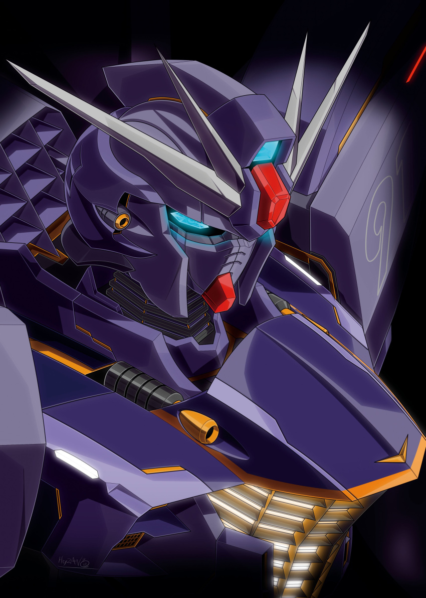 absurdres black_background blue_eyes crossbone_gundam f91_gundam_harrison_custom from_side glowing glowing_eye gundam heyzan highres looking_down mecha mobile_suit no_humans portrait science_fiction solo v-fin