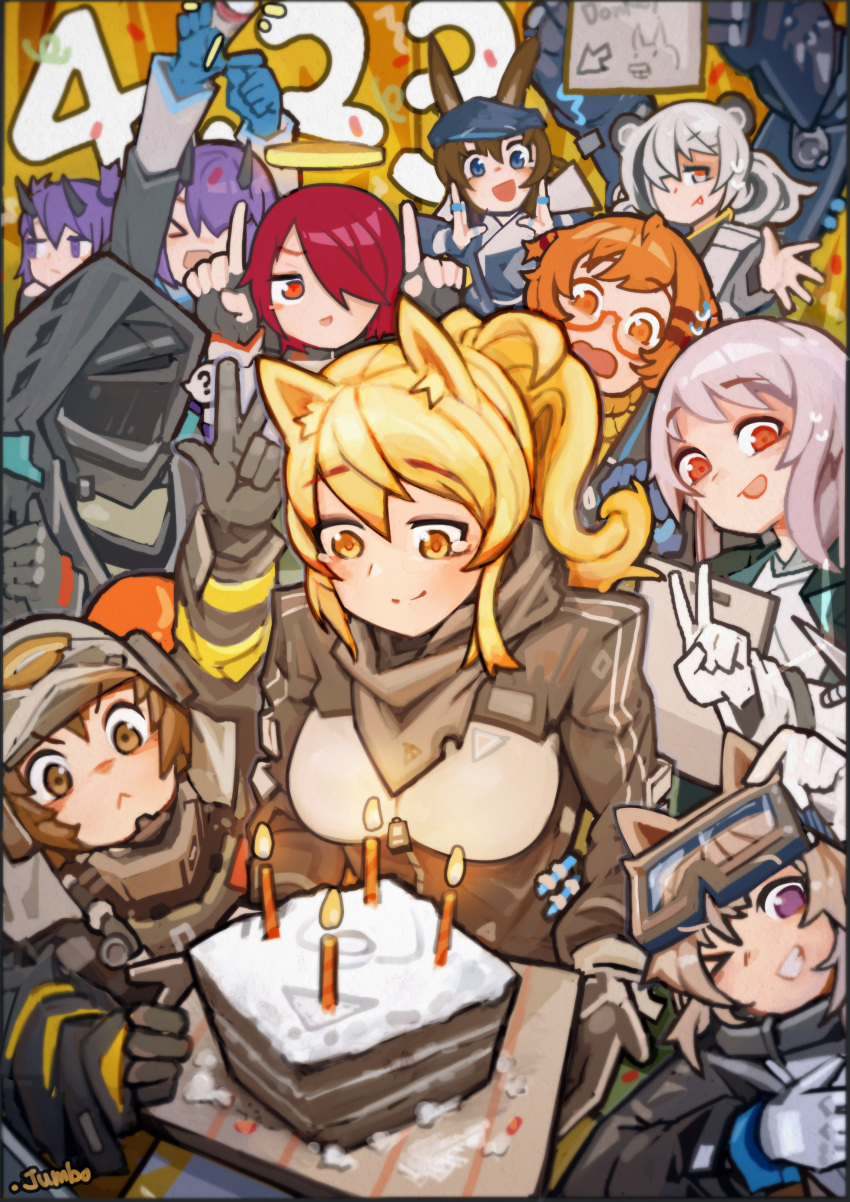 &gt;_&lt; &gt;_o 1boy 1other 6+girls :&lt; :d :p ? absurdres amiya_(arknights) amiya_(newsgirl)_(arknights) animal_ears ansel_(arknights) arknights armor artist_name beagle_(arknights) birthday birthday_cake black_gloves black_hair black_jacket blonde_hair blue_eyes blue_jacket breasts brown_eyes brown_hair cake candle cardigan_(arknights) commentary demon_horns doctor_(arknights) dog_ears ears_through_headwear exusiai_(arknights) feater_(arknights) food gloves goggles goggles_on_head grey_hair hair_over_one_eye halo head_rest helmet hibiscus_(arknights) highres hood hood_up horns index_fingers_raised jacket jumbowhopper lava_(arknights) long_hair looking_at_viewer mask mechanical_arms medium_breasts multicolored_hair multiple_girls nearl_(arknights) one_eye_closed open_mouth orange_hair panda_ears pink_hair ponytail purple_hair rabbit_ears red_eyes redhead semi-rimless_eyewear shaw_(arknights) shirt short_hair smile spoken_question_mark streaked_hair sweat tearing_up tongue tongue_out twintails unamused under-rim_eyewear v v-shaped_eyebrows violet_eyes w white_gloves white_shirt yellow_eyes