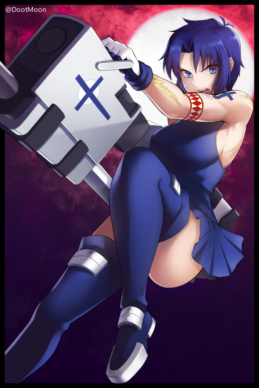1girl absurdres bangs bare_arms bare_shoulders blue_dress blue_eyes blue_gloves blue_hair blue_legwear bodypaint breasts ciel_(tsukihime) dootmoon dress frown gloves highres holding holding_weapon knee_up melty_blood moon parted_bangs pile_bunker seventh_holy_scripture short_dress short_hair sleeveless tattoo tsukihime weapon