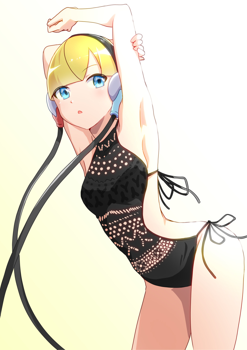 1girl absurdres armpits arms_up blonde_hair blue_eyes breasts elesa_(pokemon) headphones highres looking_at_viewer negimiso1989 open_mouth pokemon pokemon_(game) pokemon_bw short_hair simple_background solo swimsuit