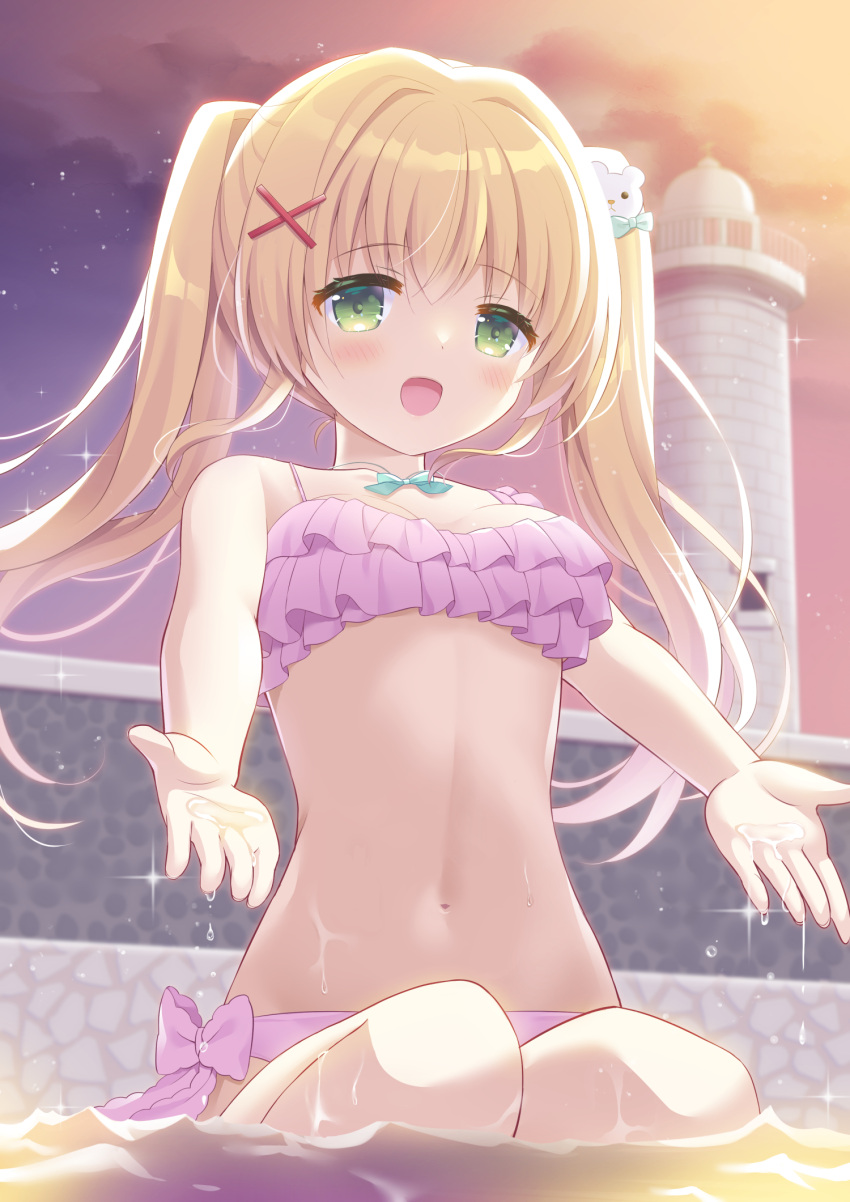 1girl :d bangs bare_arms bare_shoulders bikini blonde_hair blush commentary_request eyebrows_visible_through_hair frilled_bikini frills green_eyes hair_between_eyes hair_ornament hairclip highres hoshimame_mana lighthouse long_hair looking_at_viewer navel open_mouth outdoors pink_bikini smile solo summer_pockets sunset swimsuit tsumugi_wenders twintails very_long_hair water x_hair_ornament