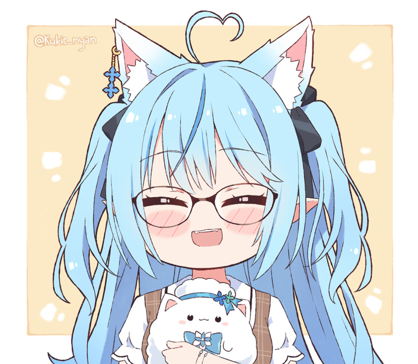 1girl ^_^ ahoge animal_ear_fluff animal_ears bangs black-framed_eyewear black_bow blue_hair blush_stickers bow brown_background brown_dress closed_eyes commentary dress eyebrows_visible_through_hair facing_viewer glasses hair_bow heart_ahoge hololive kemonomimi_mode kukie-nyan long_hair multicolored_hair pointy_ears puffy_short_sleeves puffy_sleeves sailor_collar sailor_dress shirt short_sleeves sleeveless sleeveless_dress streaked_hair twitter_username two-tone_background two_side_up upper_body virtual_youtuber white_background white_sailor_collar white_shirt yukihana_lamy yukimin_(yukihana_lamy)