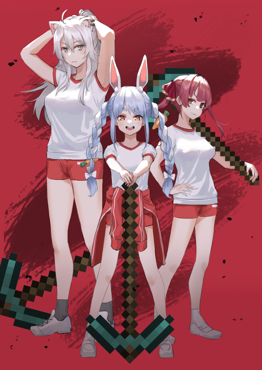 3girls absurdres adjusting_hair ahoge alternate_costume animal_ear_fluff animal_ears arms_up braid breasts carrot_hair_ornament chinese_commentary closed_mouth clothes_around_waist commentary cross-laced_footwear crossover ear_piercing eyebrows_visible_through_hair flat_chest food-themed_hair_ornament full_body grey_eyes grey_legwear grin gym_uniform hair_between_eyes hair_ornament hair_ribbon hand_on_hilt hand_on_hip hands_in_hair hands_together heterochromia highres holding_pickaxe hololive houshou_marine ina_(inadiary) jacket jacket_around_waist legs_apart light_blue_hair lion_ears long_hair looking_at_viewer medium_breasts medium_hair minecraft minecraft_pickaxe multicolored_hair multiple_girls open_mouth pickaxe piercing rabbit_ears red_background red_eyes red_ribbon red_shorts redhead ribbon shirt shishiro_botan shoes short_shorts short_sleeves shorts silver_hair simple_background smile sneakers socks standing streaked_hair thick_eyebrows twin_braids twintails two-tone_hair tying_hair upper_teeth usada_pekora virtual_youtuber white_footwear white_hair white_legwear white_shirt yellow_eyes