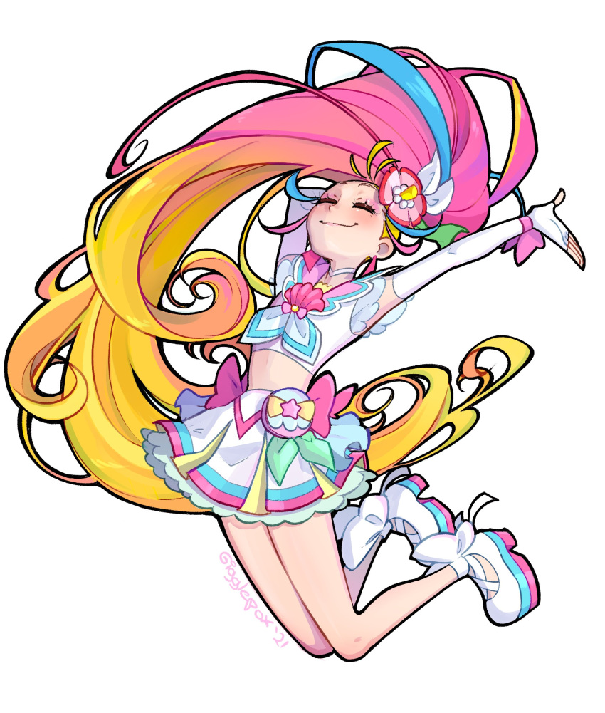 1girl absurdres blonde_hair cure_summer fingerless_gloves gigglepox gloves hair_ornament highres long_hair magical_girl midriff multicolored_hair natsuumi_manatsu pink_hair precure side_ponytail skirt solo toei_animation tropical-rouge!_precure very_long_hair white_gloves