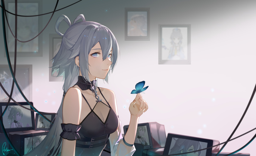 1girl absurdres arm_garter bangs bare_shoulders blue_eyes broken_(7589468) bug butterfly cable collarbone commentary_request detached_collar dress grey_hair highres long_hair luo_tianyi monitor picture_frame sidelocks solo vocaloid vsinger