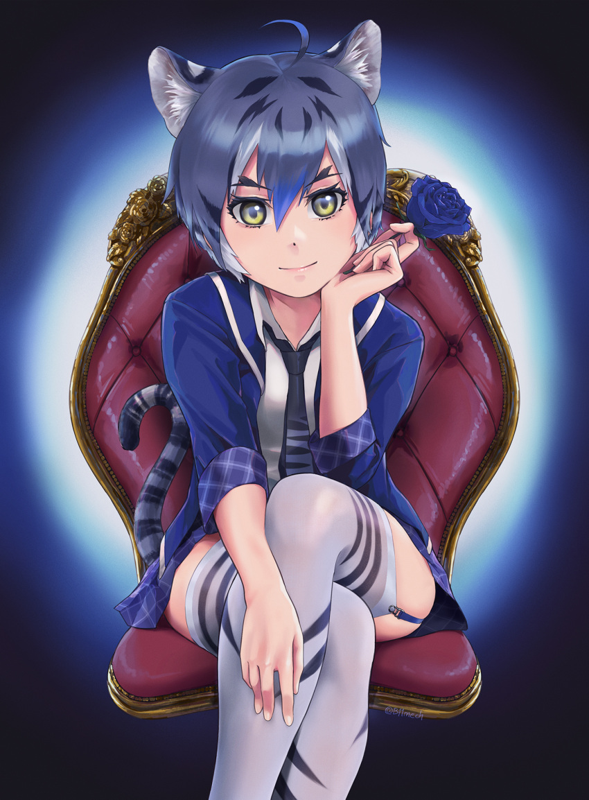 1girl ahoge animal_ear_fluff animal_ears animal_print arm_rest beleven black_hair blue_flower blue_hair blue_jacket blue_rose blue_skirt cat_girl closed_mouth collared_shirt crossed_legs elbow_rest extra_ears feet_out_of_frame flower forked_eyebrows garter_straps grey_hair hair_between_eyes hand_on_own_chin hand_on_own_face hand_up head_rest head_tilt highres holding holding_flower jacket kemono_friends leaning_forward lips maltese_tiger_(kemono_friends) microskirt multicolored_hair necktie open_clothes open_jacket plaid plaid_skirt plaid_sleeves plaid_trim print_legwear print_neckwear reward_available rose shirt short_hair sidelocks sitting skindentation skirt smile solo streaked_hair tail thigh-highs tiger_ears tiger_print tiger_tail white_shirt wing_collar yellow_eyes zettai_ryouiki