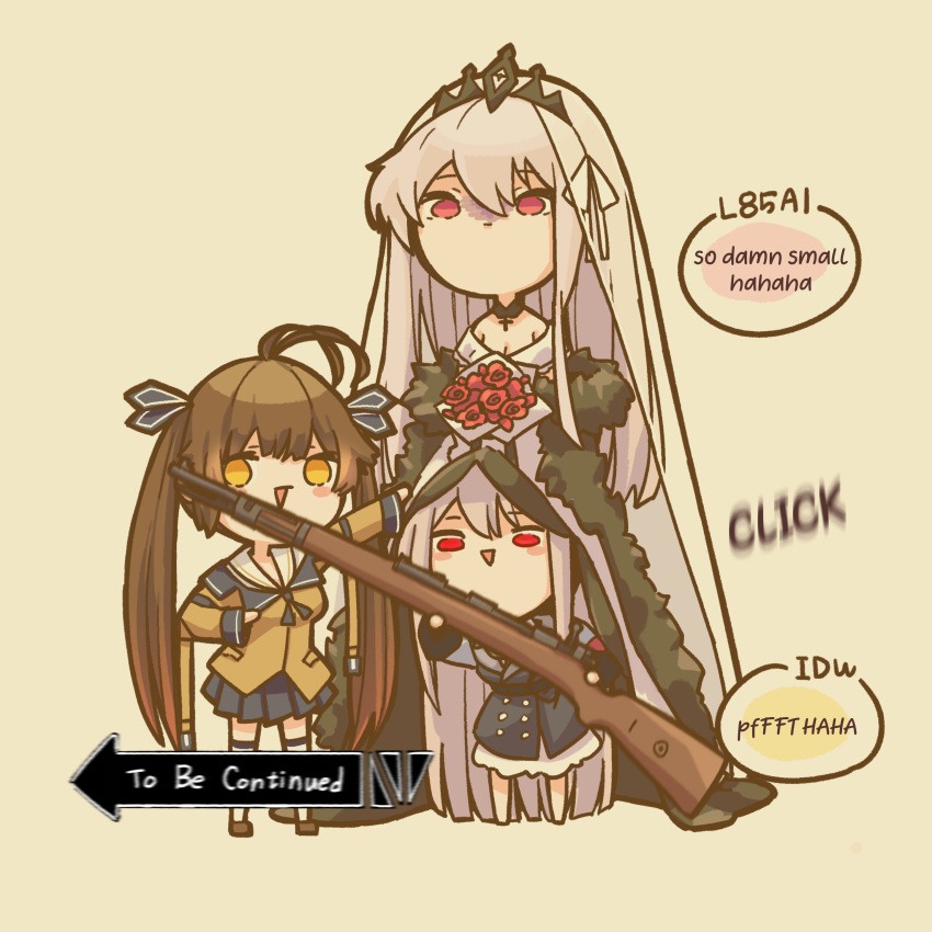 3girls absurdres alternate_language breasts brown_hair chuo8008 dress english_text girls_frontline highres kar98k_(girls'_frontline) long_hair m14_(girls'_frontline) multiple_girls official_alternate_costume orange_eyes red_eyes to_be_continued twintails very_long_hair wedding_dress white_hair