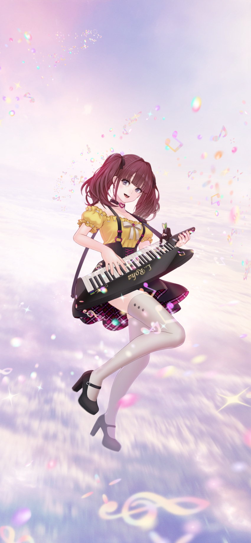 1girl absurdres bangs black_skirt brown_hair commission floating frilled_shirt frills highres instrument keytar lee_roha looking_at_viewer nijisanji nijisanji_kr off-shoulder_shirt off_shoulder open_mouth sacra_(padurea) shirt skeb_commission skirt sky smile solo suspenders thigh-highs twintails violet_eyes virtual_youtuber white_legwear yellow_shirt