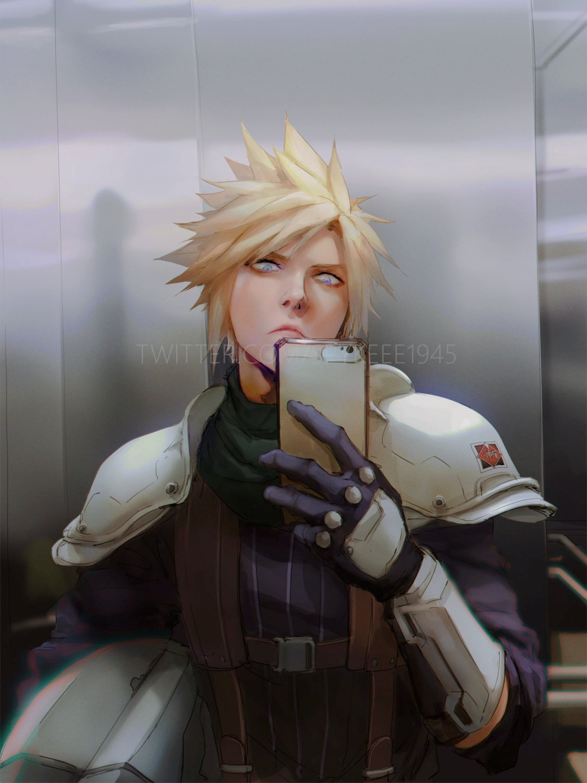 1boy armor black_gloves blue_eyes cloud_strife commentary english_commentary expressionless final_fantasy final_fantasy_vii gloves headwear_removed helmet helmet_removed highres holding holding_phone looking_at_phone phone selfie shoulder_armor solo spiky_hair spykeee1945 twitter_username upper_body watermark web_address younger