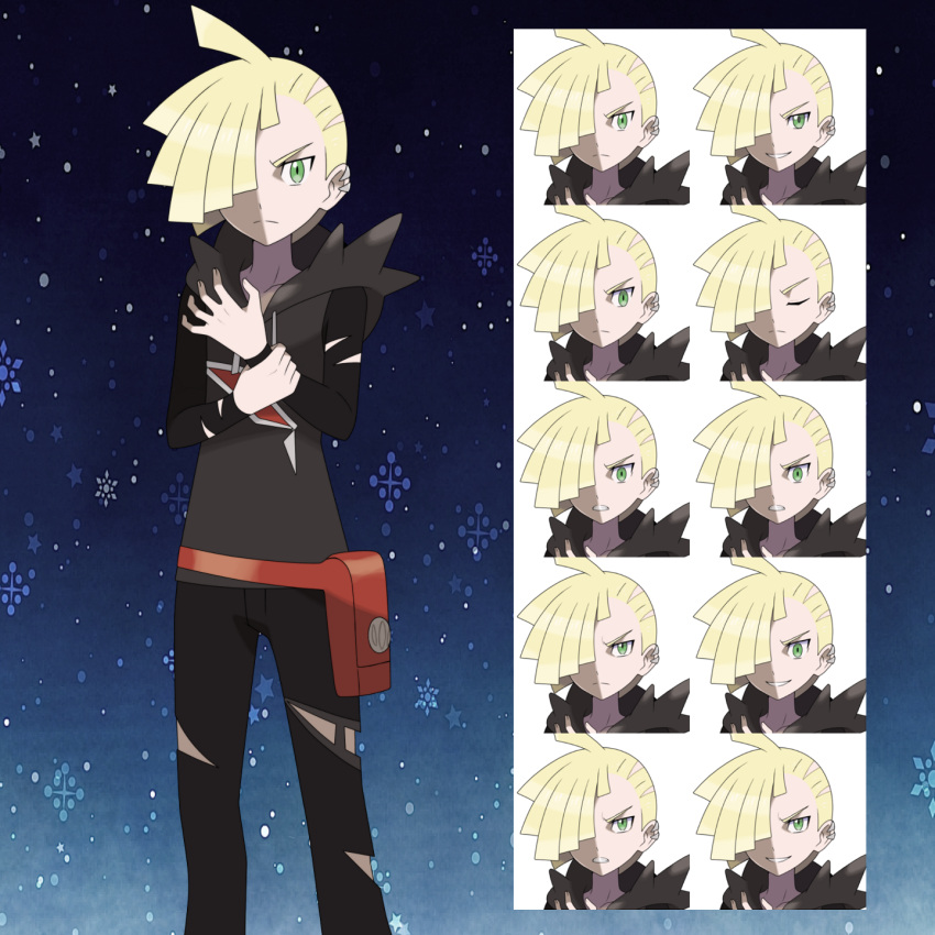 1boy ahoge asatsuki_(fgfff) bag bangs black_pants blonde_hair closed_mouth collarbone commentary_request ear_piercing expression_chart fanny_pack frown gladion_(pokemon) green_eyes hair_over_one_eye hand_on_own_wrist highres hood hood_down hoodie long_sleeves looking_at_viewer male_focus multiple_views orange_bag pants piercing pokemon pokemon_(game) pokemon_sm snowflakes standing torn_clothes torn_hoodie torn_pants