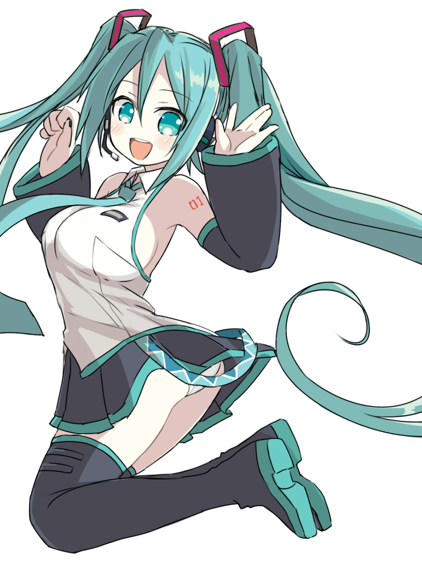 1girl :d aqua_eyes aqua_hair boots commentary detached_sleeves hatsune_miku headset highres jumping long_hair naitou_kouse necktie open_mouth panties panty_peek sleeveless smile solo thigh-highs thigh_boots twintails underwear very_long_hair vocaloid white_background white_panties