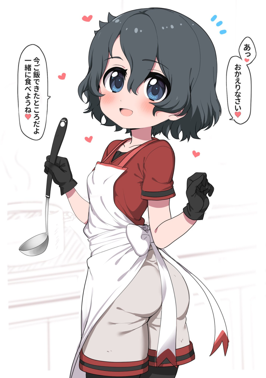 1girl apron back_bow black_gloves black_hair black_legwear blue_eyes blush bow commentary_request cooking cowboy_shot eyebrows_visible_through_hair gloves grey_shorts heart highres kaban_(kemono_friends) kemono_friends ladle looking_at_viewer no_hat no_headwear pantyhose pot ransusan red_shirt shirt short_hair short_sleeves shorts solo t-shirt translated white_apron