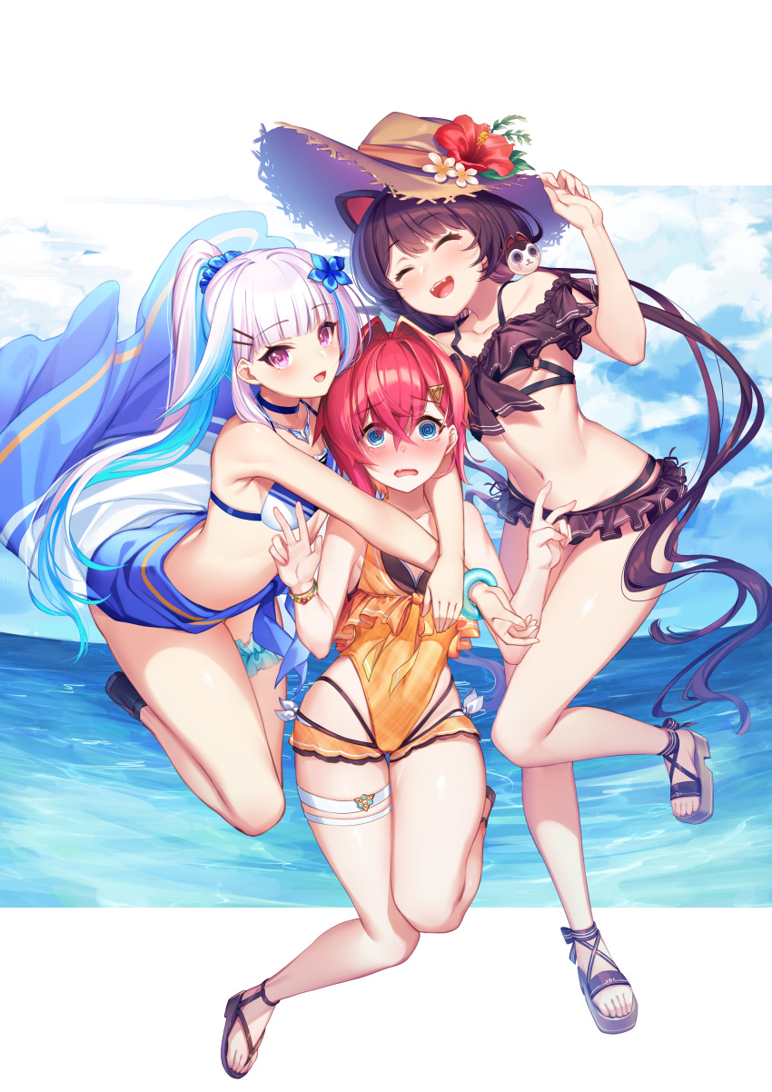 3girls :d @_@ absurdres ange_katrina animal_ears arms_around_neck bangs bare_legs bikini black_bikini black_footwear black_hair blue_bikini blue_choker blue_flower blue_hair blunt_bangs blush bracelet brown_headwear choker closed_eyes clouds cloudy_sky colored_inner_hair commentary_request covered_navel day dog_ears dog_hair_ornament double_v embarrassed eyebrows_visible_through_hair eyes_visible_through_hair facing_viewer fang flower full_body hair_between_eyes hair_flower hair_ornament hair_scrunchie hat hat_flower hibiscus highleg highleg_swimsuit highres inui_toko jewelry layered_bikini leg_garter letterboxed lize_helesta long_hair looking_at_viewer low_twintails multicolored_hair multiple_girls nanafuton navel necklace nijisanji ocean one-piece_swimsuit open_mouth orange_swimsuit outside_border ponytail red_eyes red_flower sandals scrunchie short_hair silver_hair sky smile stomach straw_hat sun_hat swimsuit tearing_up thigh_strap twintails two-tone_hair v very_long_hair violet_eyes virtual_youtuber white_flower