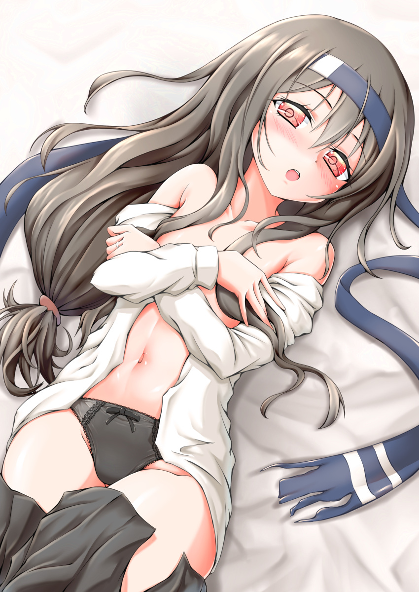 1girl absurdres black_hair black_panties black_skirt clothes_pull commentary_request covering covering_breasts dress_shirt hatsushimo_(kancolle) headband highres kantai_collection long_hair looking_at_viewer low-tied_long_hair lying oohasikennta2002 open_clothes panties pleated_skirt red_eyes remodel_(kantai_collection) school_uniform shirt skirt skirt_pull solo underwear white_shirt