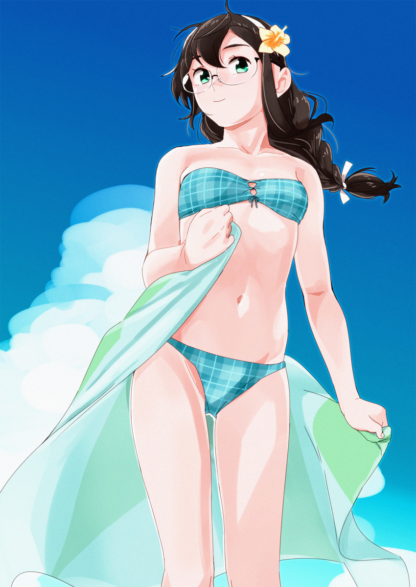 1girl alternate_hairstyle bangs bare_shoulders bikini black_hair blue_sky braid breasts closed_mouth clouds collarbone commentary_request day eyebrows_visible_through_hair flower glasses green_eyes hair_between_eyes hair_flower hair_ornament hair_ribbon hairband highres kantai_collection long_hair looking_at_viewer navel ojipon ooyodo_(kancolle) outdoors ribbon rimless_eyewear single_braid sky small_breasts smile solo standing swimsuit thighs