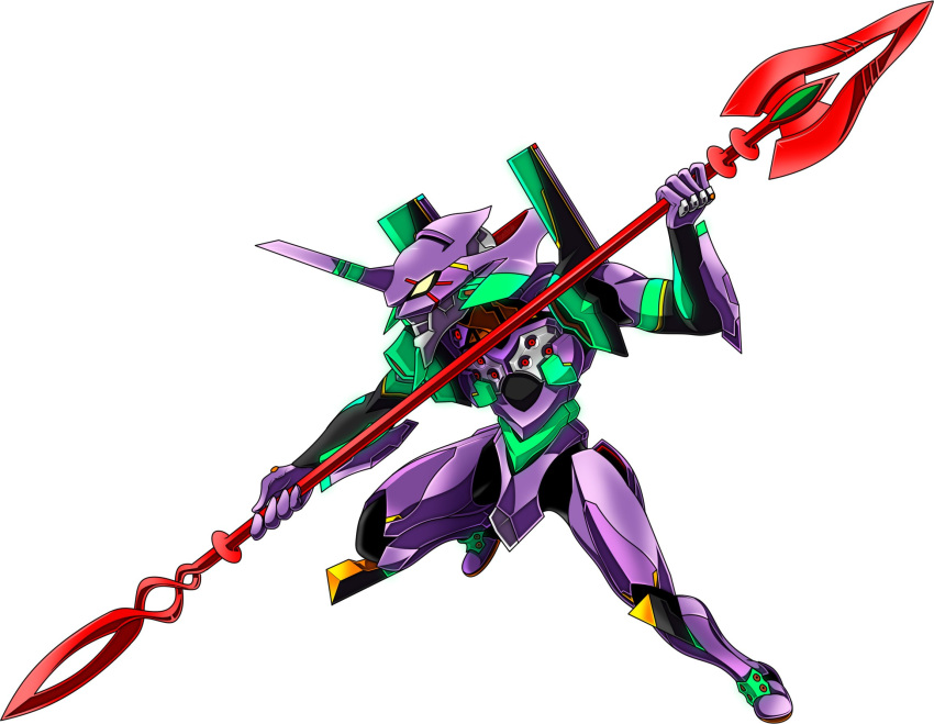 chibi eva_01 from_side heyzan highres holding holding_polearm holding_spear holding_weapon horns mecha neon_genesis_evangelion no_humans polearm rebuild_of_evangelion science_fiction single_horn solo spear weapon white_background yellow_eyes