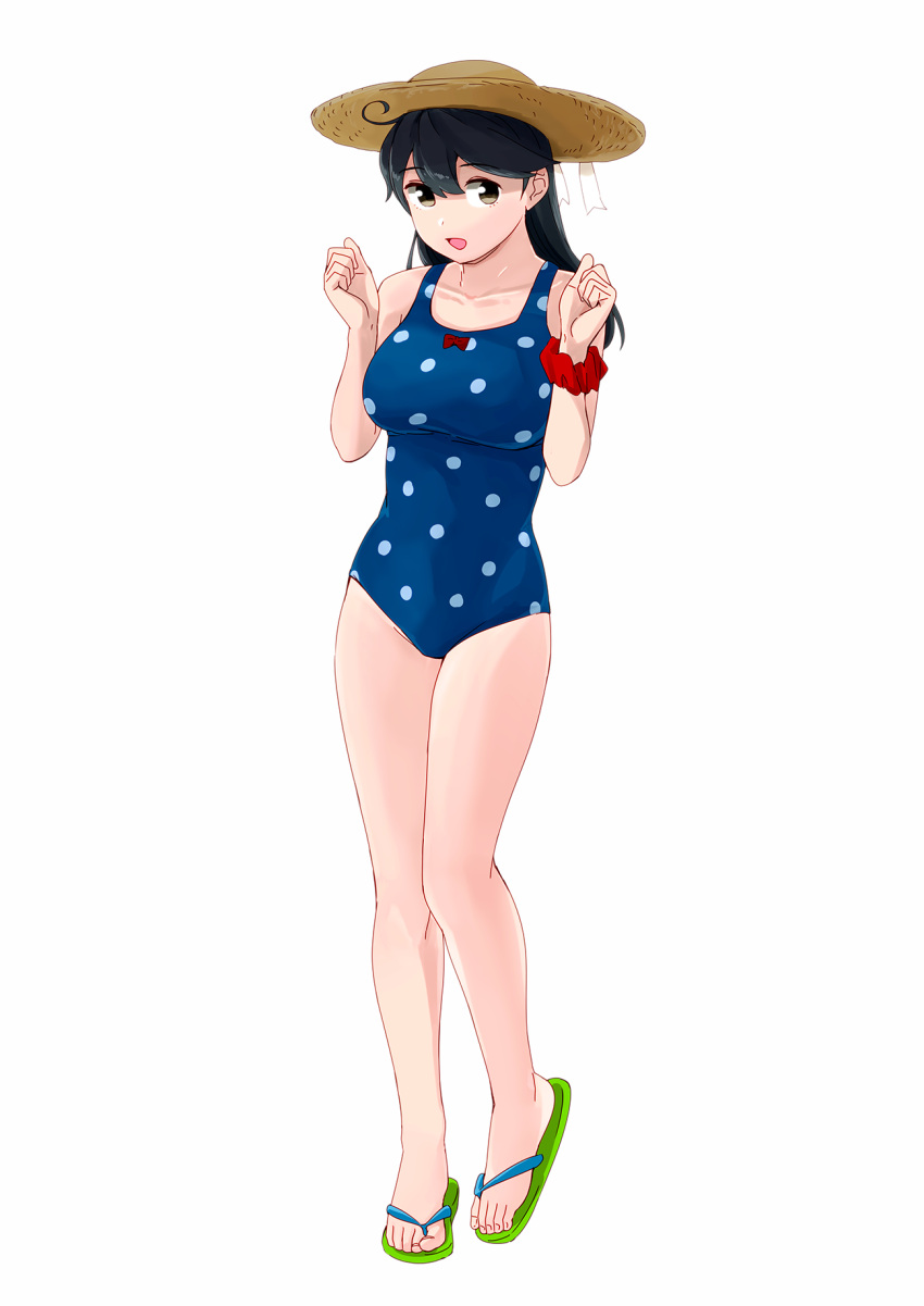 1girl ahoge bangs black_hair blue_swimsuit breasts brown_eyes full_body hair_ribbon hat highres kantai_collection large_breasts long_hair ojipon one-piece_swimsuit open_mouth polka_dot polka_dot_swimsuit ribbon sandals scrunchie simple_background solo swimsuit ushio_(kancolle) white_background wrist_scrunchie