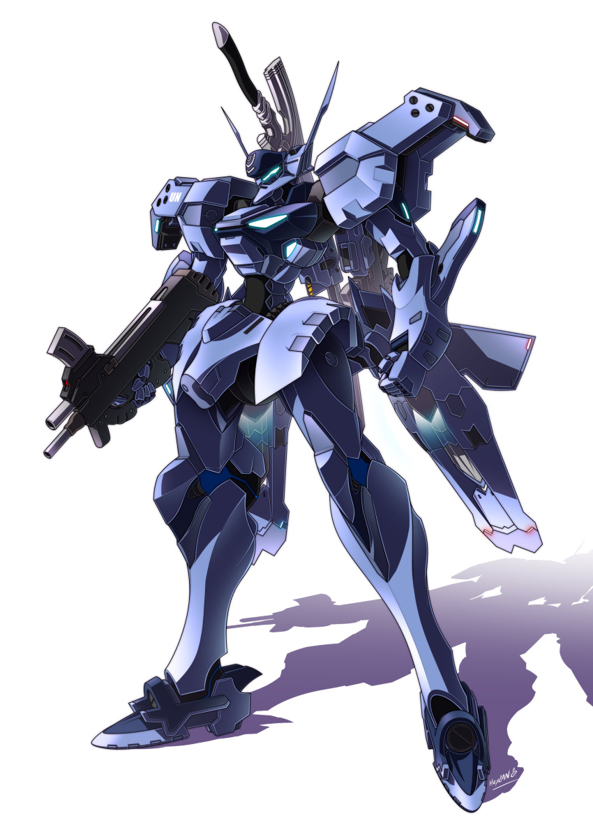 absurdres clenched_hand commission glowing gun heyzan highres holding holding_gun holding_weapon holstered_weapon looking_ahead mecha muvluv muvluv_alternative no_humans science_fiction shadow solo standing sword type_94_shiranui visor weapon white_background