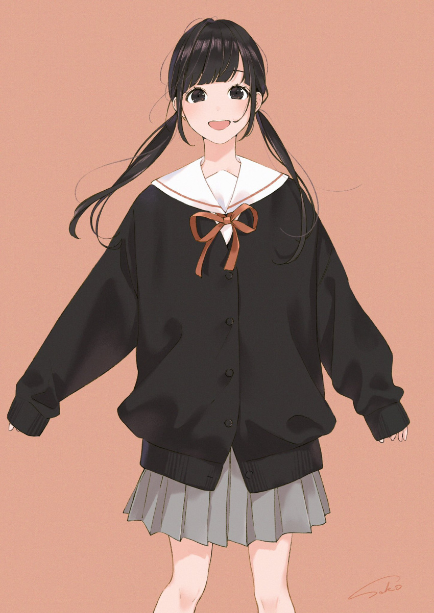 1girl bangs black_eyes black_hair black_shirt blunt_bangs blush brown_background feet_out_of_frame grey_skirt highres long_hair open_mouth original pleated_skirt red_ribbon ribbon sailor_collar sako_(35s_00) shadow shirt signature simple_background skirt sleeves_past_wrists smile solo twintails white_sailor_collar