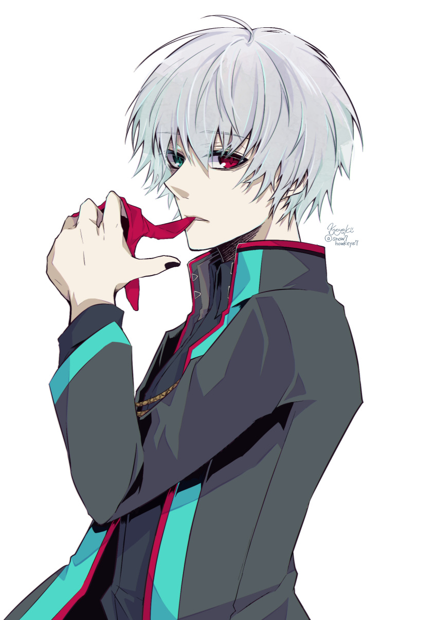 1boy absurdres adjusting_clothes adjusting_gloves alternate_costume alternate_hair_color bangs black_jacket black_nails black_shirt collared_shirt eyebrows_visible_through_hair from_side gloves grey_eyes grey_hair hand_up heterochromia highres jacket kaneki_ken kyoya_(0o-7snow7-o0) looking_at_viewer male_focus nail_polish red_eyes red_gloves shirt short_hair signature simple_background solo tokyo_ghoul upper_body white_background
