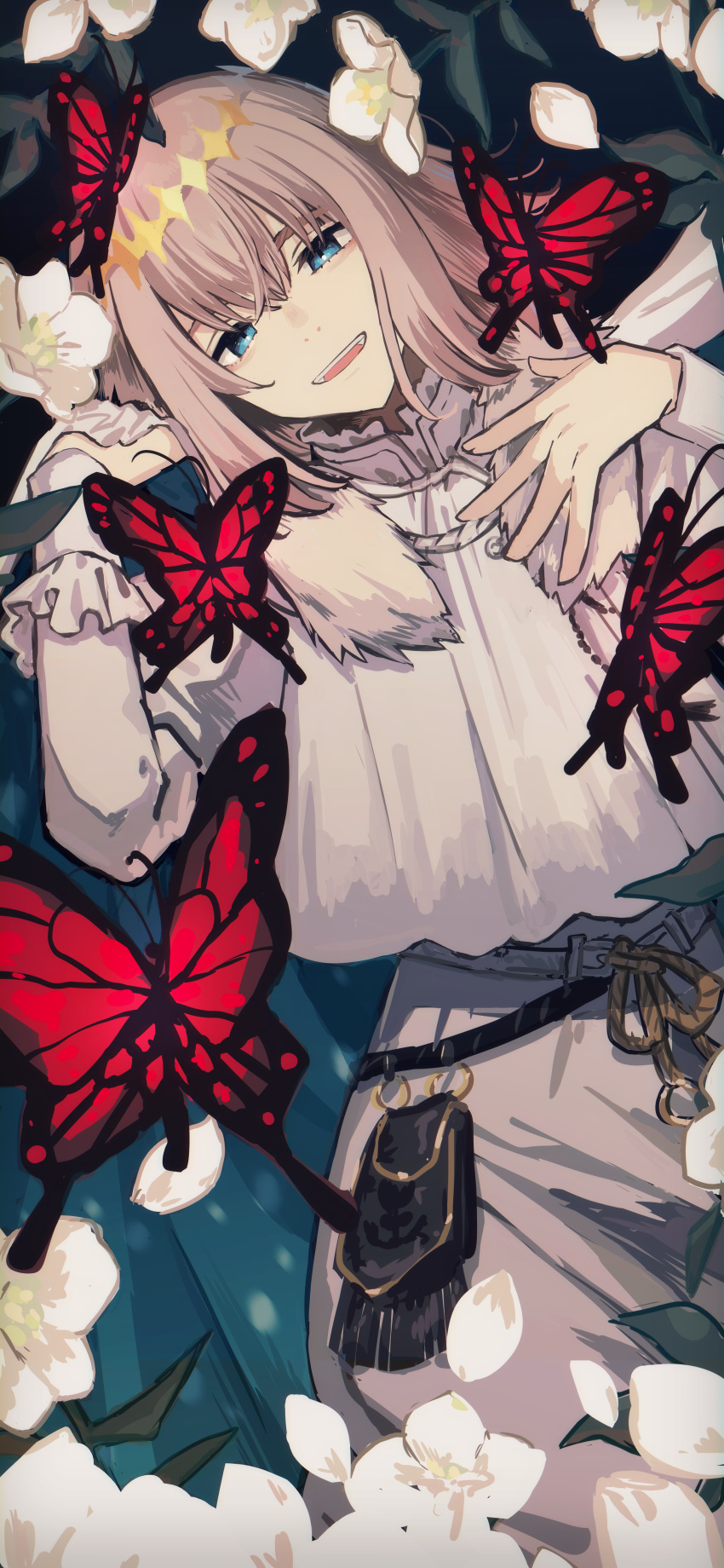 1boy absurdres belt black_belt blue_eyes bug butterfly commentary diamond_hairband fate/grand_order fate_(series) feet_out_of_frame flower frilled_sleeves frills hand_on_own_chest highres light_brown_hair long_sleeves looking_at_viewer lying male_focus medium_hair oberon_(fate) okakasushi on_back open_mouth pouch red_butterfly shirt smile solo symbol-only_commentary upper_teeth white_flower white_shirt