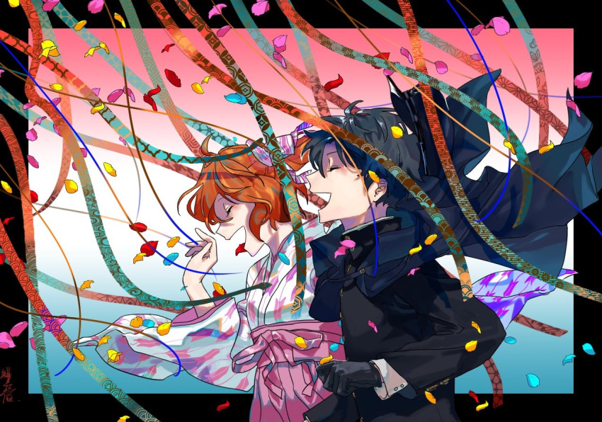 1boy 1girl black_cape black_gloves black_hair black_jacket cape confetti fate/grand_order fate_(series) fujimaru_ritsuka_(female) fujimaru_ritsuka_(male) gloves hat hino_tsukasa jacket japanese_clothes kimono laughing long_sleeves orange_hair peaked_cap pink_kimono pink_skirt print_kimono shirt skirt unmoving_pattern white_kimono white_shirt wide_sleeves yagasuri