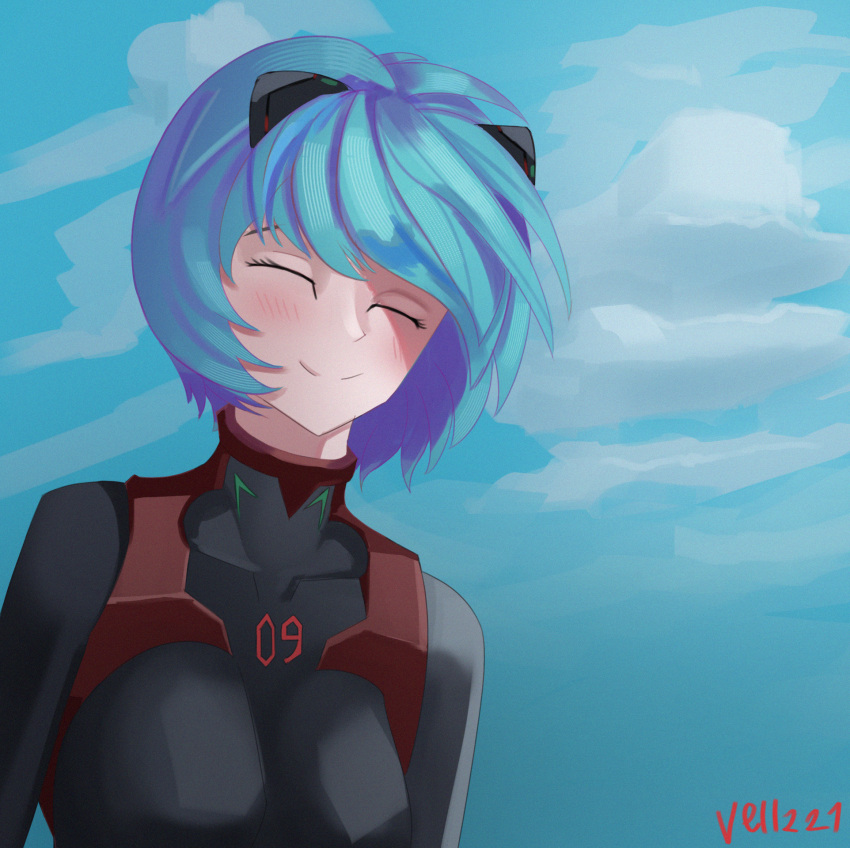 ayanami_rei blue_hair clouds cloudy_sky evangelion:_3.0+1.0_thrice_upon_a_time highres neon_genesis_evangelion rebuild_of_evangelion short_hair sky smile solo