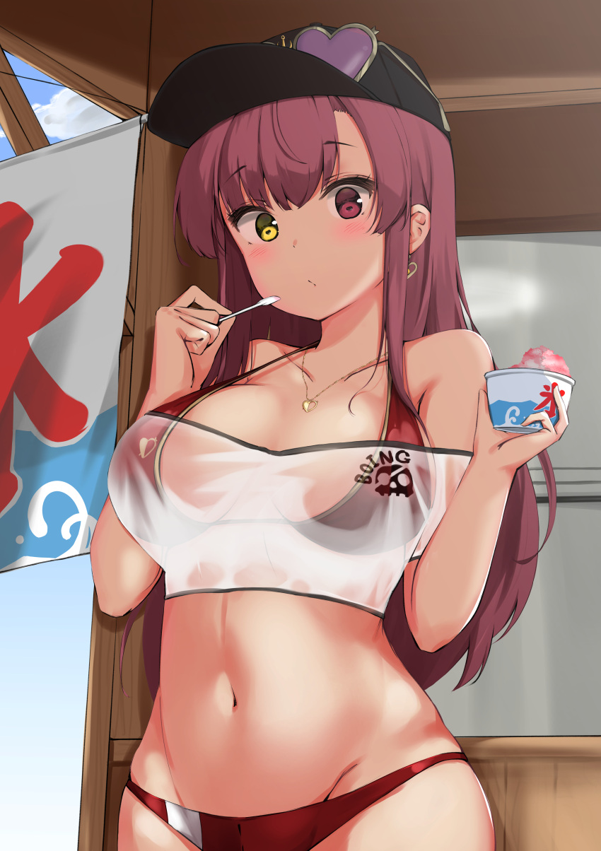 1girl absurdres bangs baseball_cap bikini black_headwear breasts closed_mouth collarbone commentary_request eyebrows_visible_through_hair food hat heart heart-shaped_eyewear heterochromia highres holding holding_food holding_spoon hololive houshou_marine jewelry komasi long_hair medium_breasts navel necklace red_bikini red_eyes redhead see-through shaved_ice solo spoon standing strapless sunglasses swimsuit tube_top upper_body window yellow_eyes